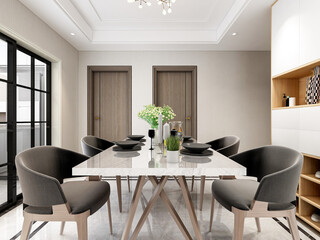 spacious dining room design next to the modern kitchen, with a beautiful dining table and greenery