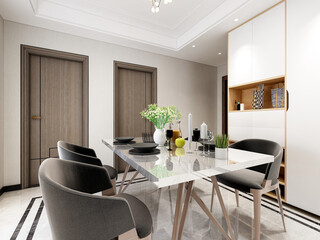 spacious dining room design next to the modern kitchen, with a beautiful dining table and greenery