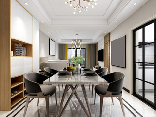 spacious dining room design next to the modern kitchen, with a beautiful dining table and greenery