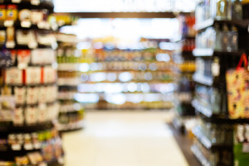 Blurred Supermarket Background, Aisles With Food And Drinks On Aisles