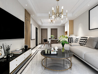 spacious living room design of modern residence, with sofa, tea table, decorative painting, etc