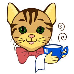 emoticon with a cool cat waiter who carries in his hand a cup and saucer on a napkin, vector color clip art on a white isolated background