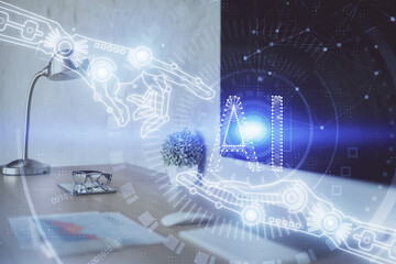 Double exposure of desktop computer and technology theme hologram. Concept of software development.