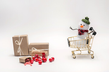 Snowmen buy gifts and sweets for the new year