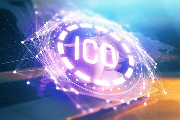 Multi exposure of blockchain and crypto economy theme hologram and table with computer background. Concept of bitcoin cryptocurrency.