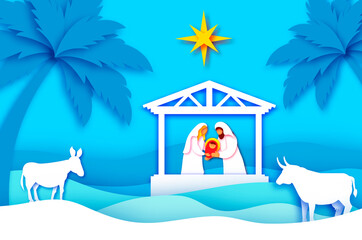 Baby Jesus Christ. Holy Child and Family. Mary and Joseph. Birth of Christ.Star of Bethlehem - East comet. Nativity Christmas in paper art style. Happy New Year. Animals. Palms and dessert. Blue.