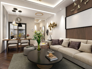 clean and tidy modern living room design, entrance with shoe cabinet, sofa, TV, table, leisure chair and other facilities