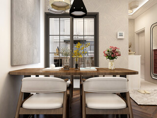 spacious dining room design next to the modern kitchen, with a beautiful dining table and greenery