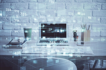 Double exposure of desktop computer and technology theme hologram. Concept of software development.