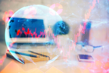 Multi exposure of business theme icons and work space with computer background. Concept of success.
