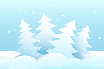 Seasonal Christmas or New Years empty cartoon background with fur trees and snow. Blue colors graphic winter nature scene and snowfall. Vector design.