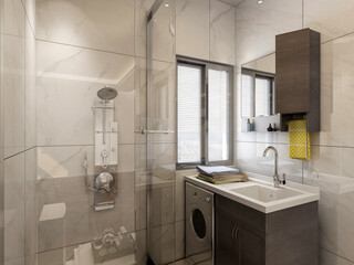 Clean modern residential bathroom and toilet design, which is equipped with washstand, toilet and shower equipment, etc.