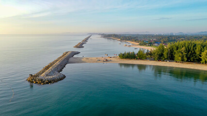 Aerial view landscape of island Songkhla lake, Bo-it beach, Songkhla province, travel in Thailand, Beautiful destination place Asia, Top view from drone