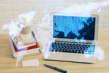 Multi exposure of business theme icons and work space with computer background. Concept of success.