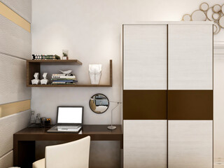 elegant and modern bedroom design, big bed with overcoat cabinet, coffee table, TV, carpet, etc., very comfortable and leisure