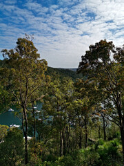 Fototapeta na wymiar Beautiful morning view of a creek with boats in water from top of a mountain, Apple Tree Creek, Bobbin Head, Ku-ring-gai Chase National Park, New South Wales, Australia 
