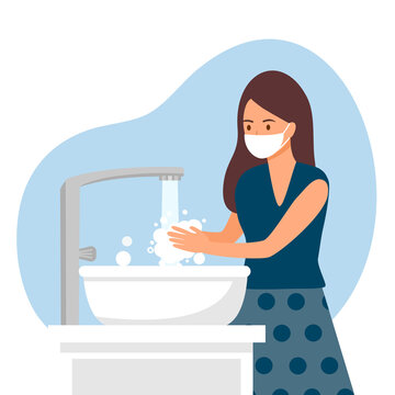 A woman washing her hands in the sink concept vector illustration. Washing hands under faucet with soap and water. Virus and germs prevention healthcare in flat design.