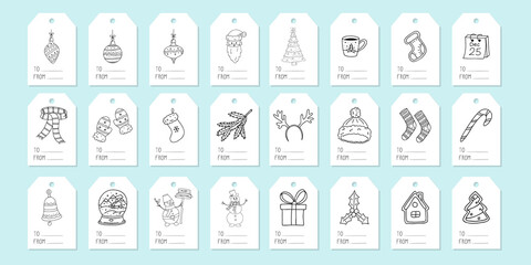 Large set of tags for gift boxes. A collection of labels with Christmas and winter elements hand-drawn in Doodle style. Black and white vector illustration isolated on a white background.