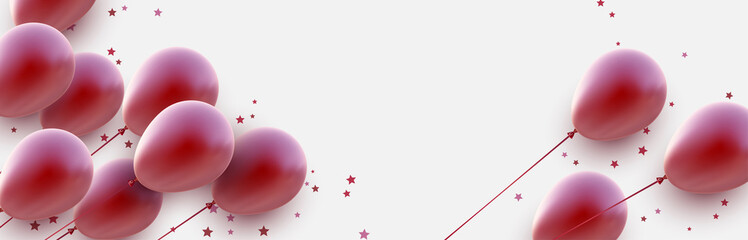 Red matt balloons and stars confetti on white background. © Vjom