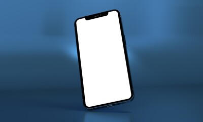 Mobile phone with a blank screen on podium. Mockup template of modern smartphone. 3d rendering