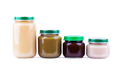Jars with different baby food on white background