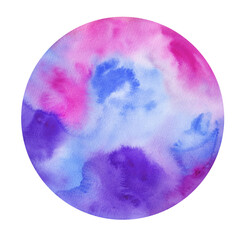 Watercolor vibrant circle. Blue, pink and purple round bubble. Hand-drawn illustration..