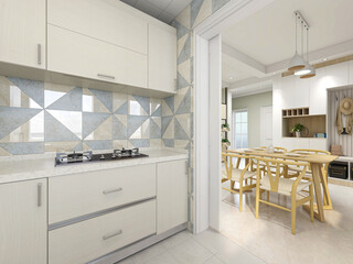 Modern family kitchen design, new cabinets and kitchenware with refrigerators, sunlight from the window.