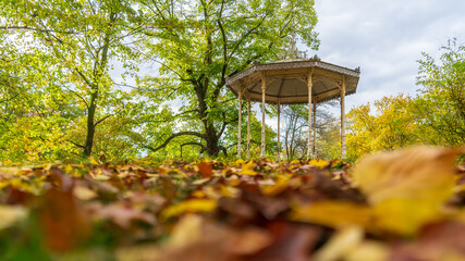 Pavilion at the Palmengarten in Leipzig and colorful autumn leaves