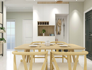 spacious dining room design next to the modern kitchen, with a beautiful dining table and greenery