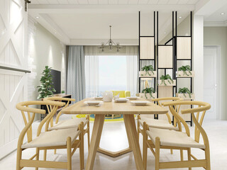 spacious dining room design next to the modern kitchen, with a beautiful dining table and greenery