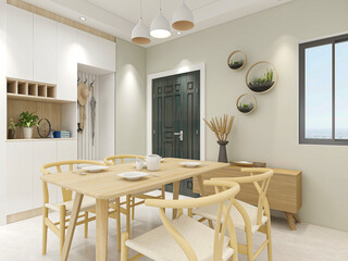 spacious dining room design next to the modern kitchen, with a beautiful dining table and greenery