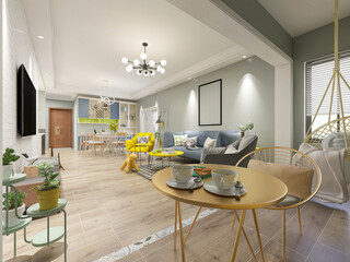 clean and tidy modern living room design, entrance with shoe cabinet, sofa, TV, table, leisure chair and other facilities