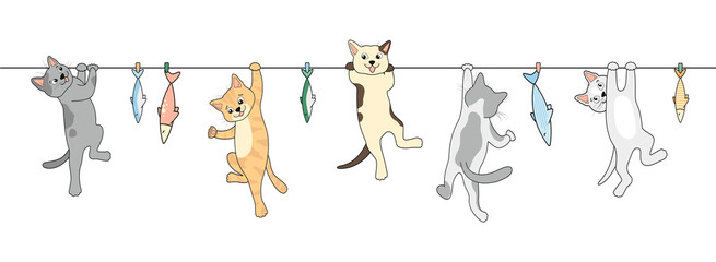 Cats are hanging on a rope. Fish on a string. Cute animal cats cartoon set.