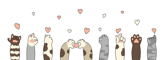 Cat paws. Cute kitten paw, cats claws and funny domestic pets foot with little heart for Valentine's day © SERHII