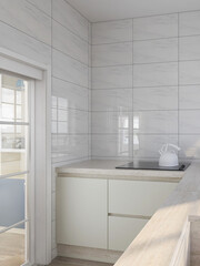 Modern family kitchen design, new cabinets and kitchenware with refrigerators, sunlight from the window.