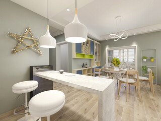 spacious dining room design next to the modern kitchen, with a beautiful dining table and greenery