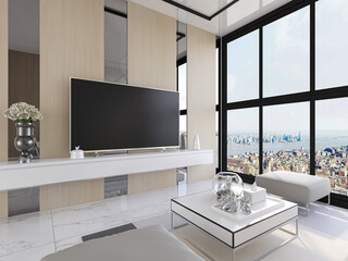 clean and tidy modern living room design, entrance with shoe cabinet, sofa, TV, table, leisure chair and other facilities