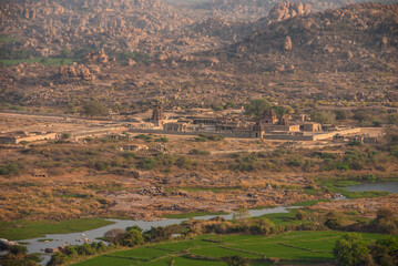 Fototapeta premium Aerial view of Hindu temples in Hampi, a UNESCO World Heritage Site, Karnataka, India