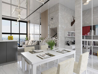 Fototapeta na wymiar spacious dining room design next to the modern kitchen, with a beautiful dining table and greenery