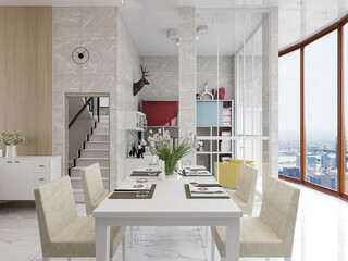 spacious dining room design next to the modern kitchen, with a beautiful dining table and greenery
