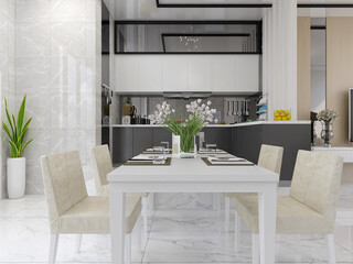 spacious dining room design next to the modern kitchen, with a beautiful dining table and greenery