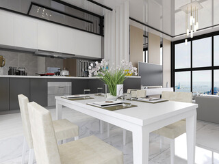 spacious dining room design next to the modern kitchen, with a beautiful dining table and greenery
