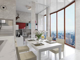spacious dining room design next to the modern kitchen, with a beautiful dining table and greenery