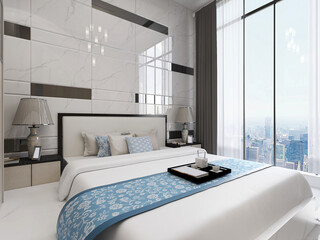 elegant and modern bedroom design, big bed with overcoat cabinet, coffee table, TV, carpet, etc., very comfortable and leisure.