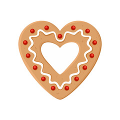 Heart shaped gingerbread decorated with sugar icing isolated on white background. Vector illustration of Christmas cookies. Cartoon flat style. Festive New Year's decoration.