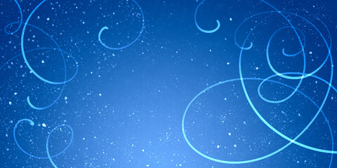 winter saturated bright blue banner with snow and curls around the edges of the background. Light gradient, Christmas versatile backdrop for web and prints