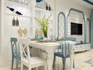 spacious dining room design next to the modern kitchen, with a beautiful dining table and greenery