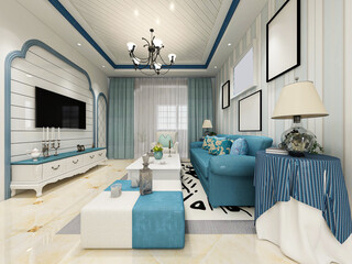 spacious living room design of modern residence, with sofa, tea table, decorative painting, etc