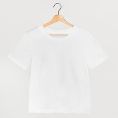 Simple white t-shirt mockup on a wooden hanger