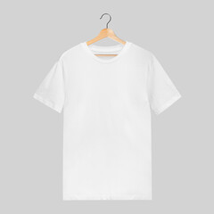 Simple white male t-shirt mockup on a wooden hanger
